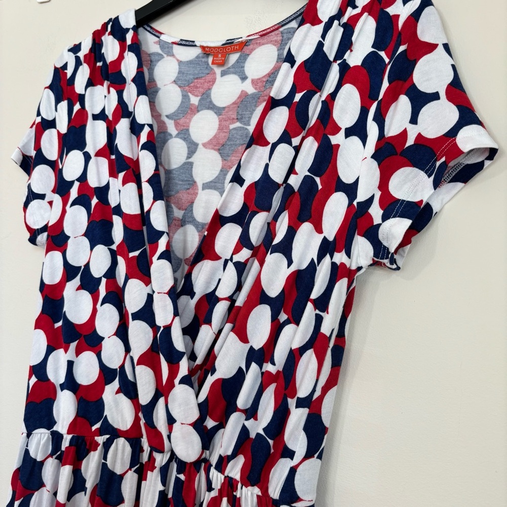Modcloth short sleeve red navy white bold polka dots wrap V-neck pull over dress - Picture 4 of 16